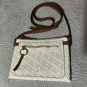 Liz Claiborne Cream Geometric Crossbody with Brown Trim